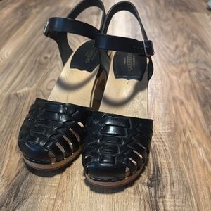 Swedish Hasbeens Black Leather Mules with Chunky Sole